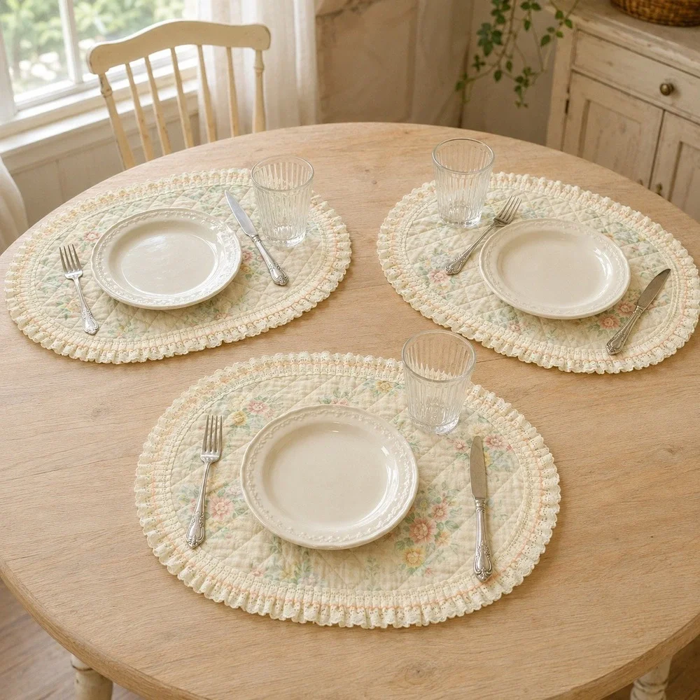 Vintage Floral Quilted Oval Placemat Cream Pastel Pink Yellow Lace Ruffle Trim